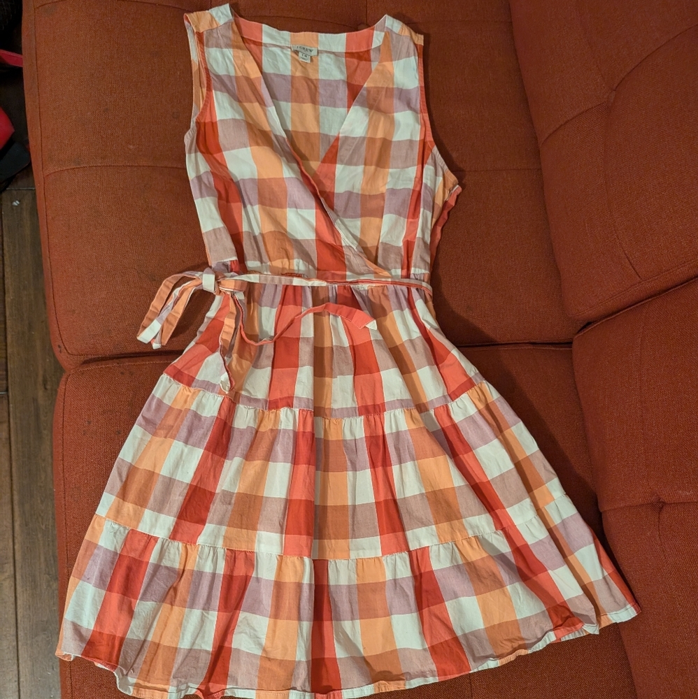 J. Crew | Cotton Tiered Tie Waist Dress | Checkered Orange and Cream